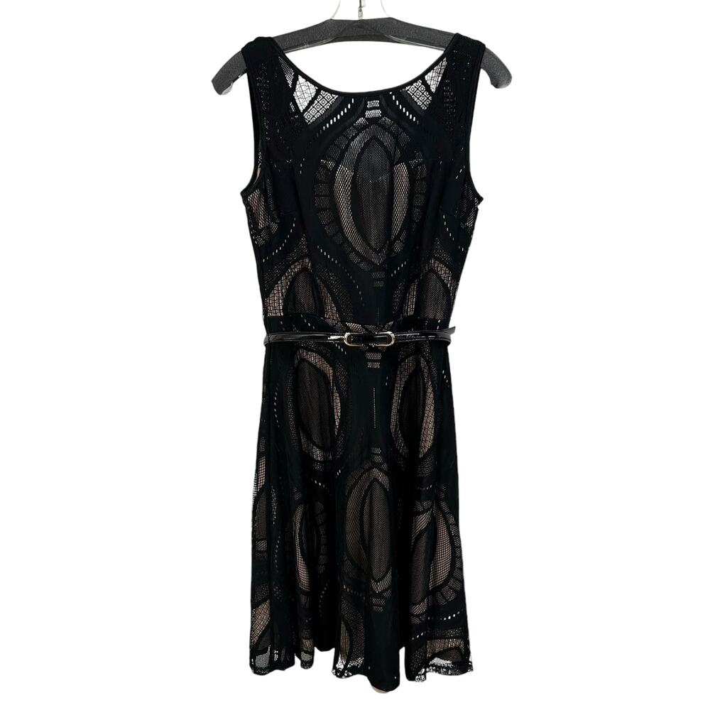 NWD Frank Lyman Black Nude Lace Overlay Sleeveless Belted Dress Womens 10